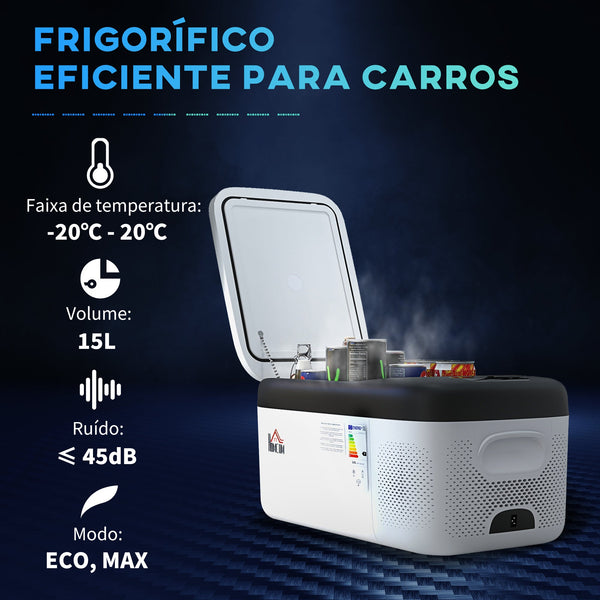 Geleira Elétrica de Compressor Portátil 15L para Carro -20℃ a 20℃ 12 / 24V CC e 100-240V CA Geleira Elétrica Silenciosa para Campismo Viagens 56,8x33x26,2 cm Branco – Modelo Uppsala