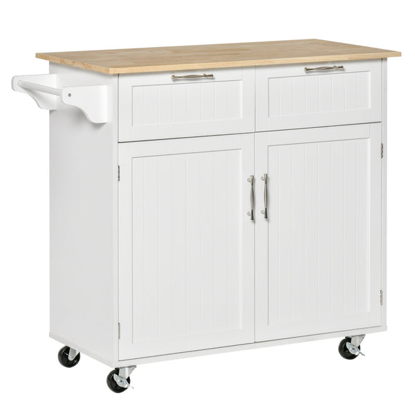 Carrinho de Cozinha com Rodas Móvel Auxiliar de Cozinha com 2 Gavetas 2 Portas Prateleira Ajustável e Suporte para Guardanapos para Sala de Jantar Sala de Estar 104x46x91 cm Branco