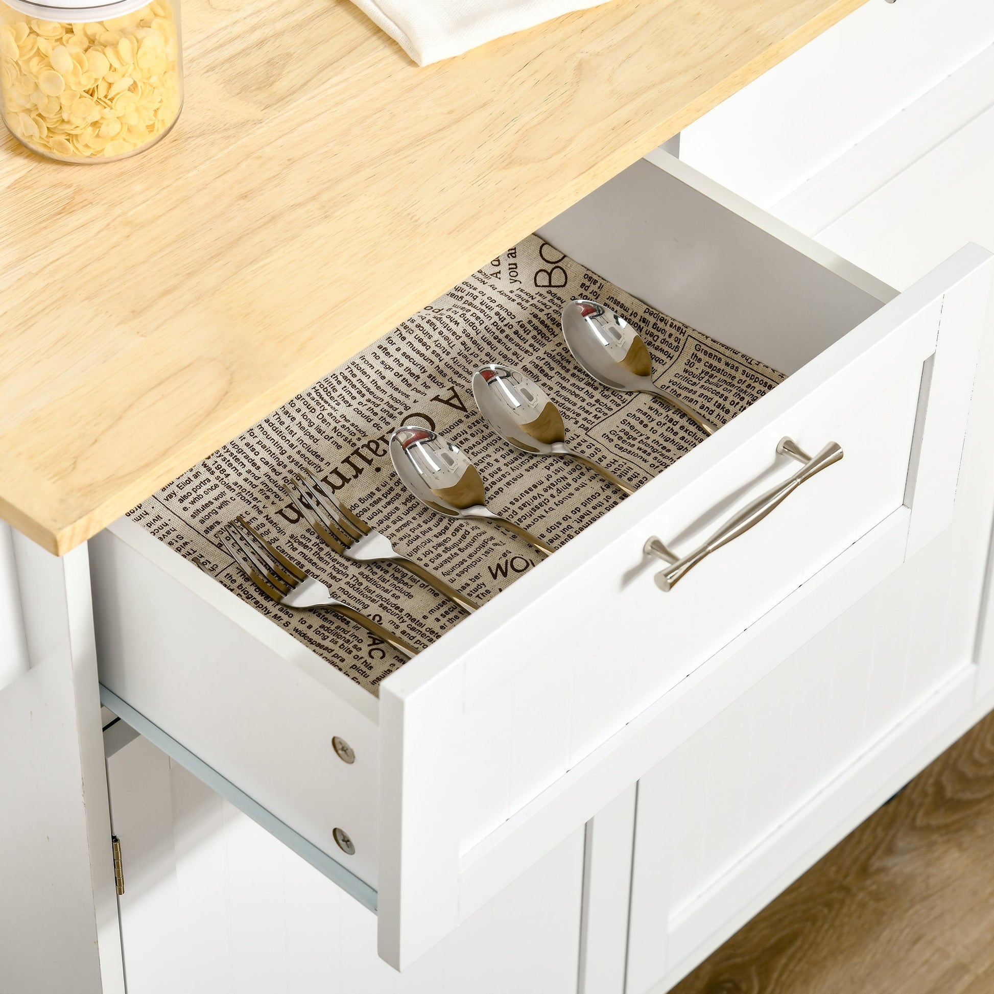 Carrinho de Cozinha com Rodas Móvel Auxiliar de Cozinha com 2 Gavetas 2 Portas Prateleira Ajustável e Suporte para Guardanapos para Sala de Jantar Sala de Estar 104x46x91 cm Branco