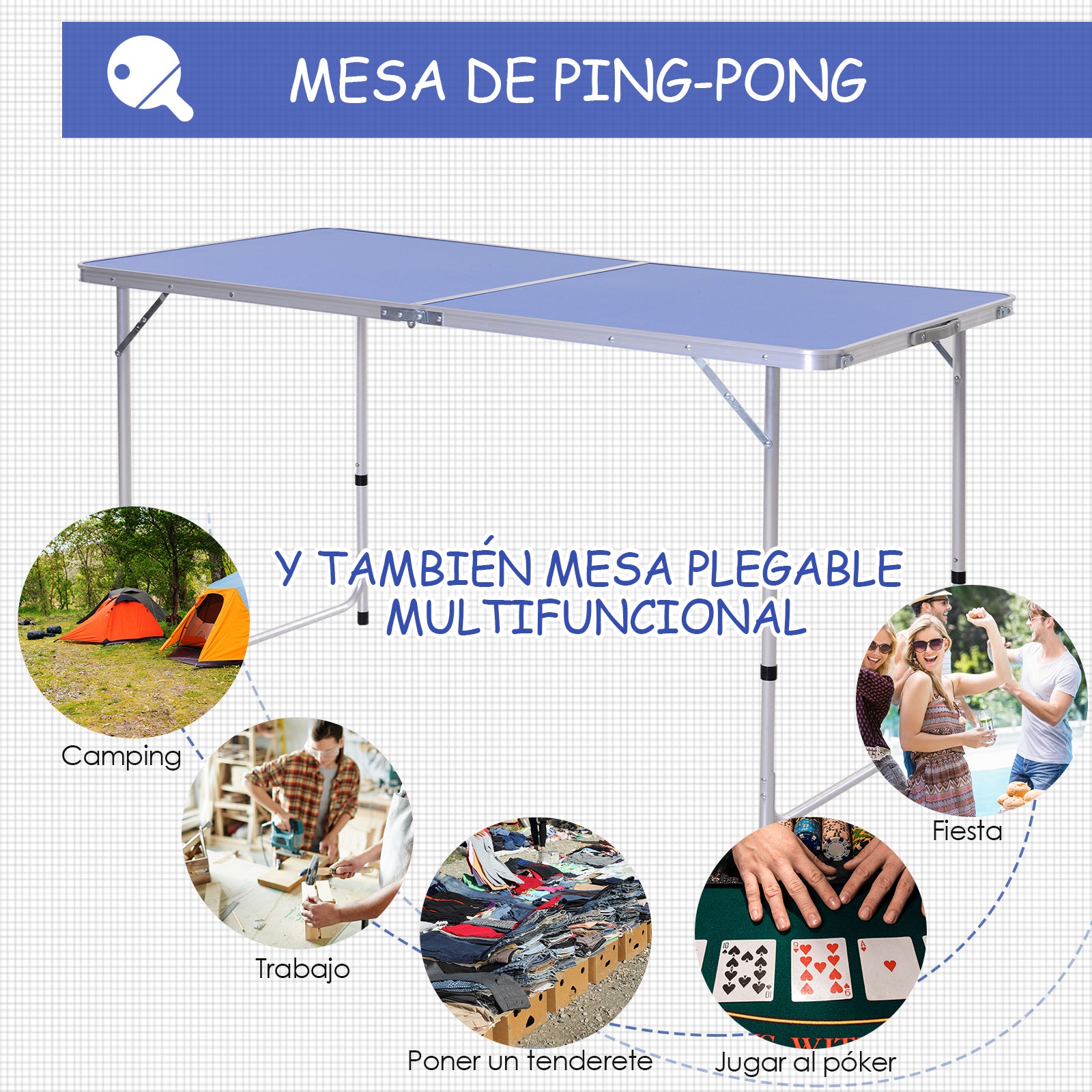 Mesa Dobrável de Pingue-pongue Altura Ajustável em 3 níveis Multifuncionais Mesa de Piquenique com Pás e Bolas de Pingue-pongue 160x80x54 / 62 / 70cm Carga máxima 30kg