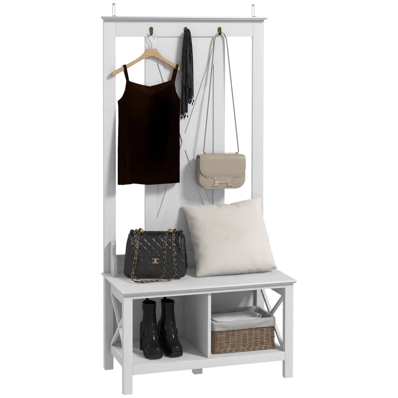 Móvel Cabide de Entrada de Madeira Móvel de Entrada com Banco 2 Prateleiras e 3 Ganchos para Pendurar Roupa Bolsas para Corredor Entrada 80,5x40x168 cm Branco