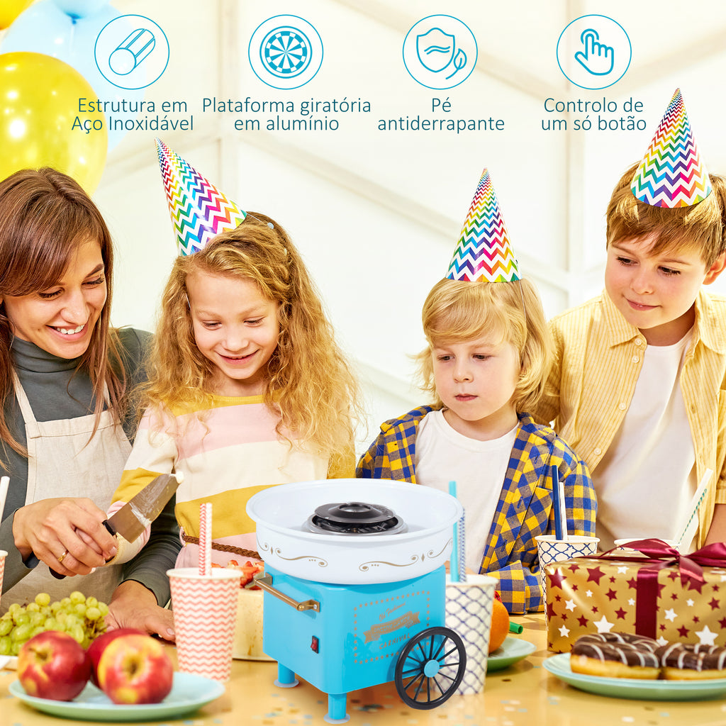Máquina de Algodão Doce Estilo Retrô Potência 450W-550W Máquina de Algodão Doce com Colher Medidora e 10 Palitos de Bambu Aço Inoxidável e Alumínio 30x30x28cm Azul