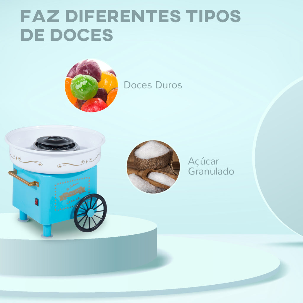Máquina de Algodão Doce Estilo Retrô Potência 450W-550W Máquina de Algodão Doce com Colher Medidora e 10 Palitos de Bambu Aço Inoxidável e Alumínio 30x30x28cm Azul