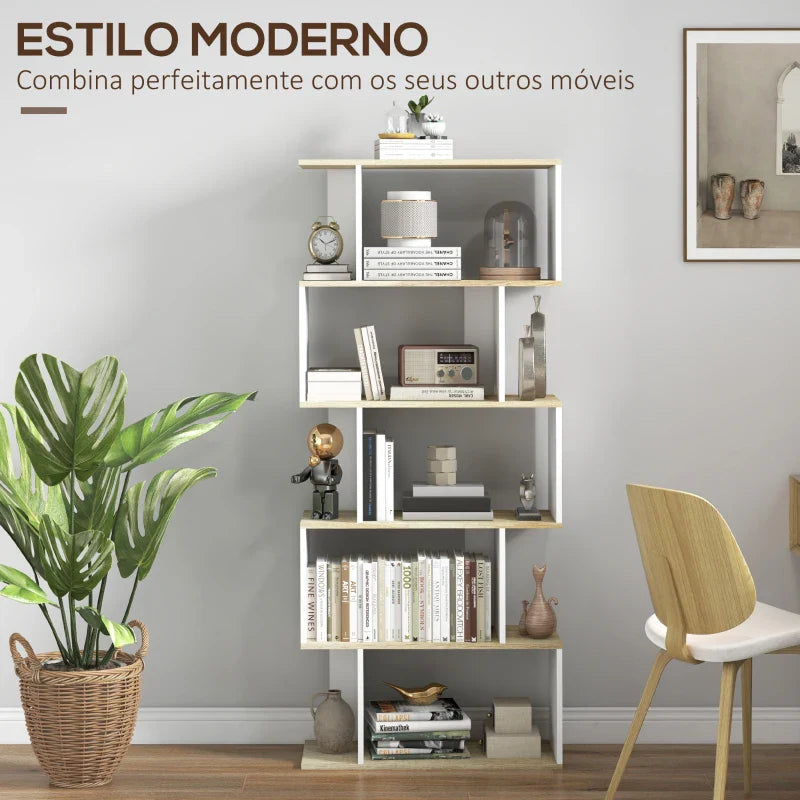Estante para Livros Estilo Nórdico Estante com 5 Prateleiras Anti-Tombo Carga Máxima 25 kg para Estúdio Escritório Sala de Estar 70x29,5x163 cm Branco e Madeira