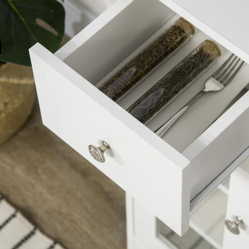 Aparador de Cozinha Moderno com Porta de Vidro Gaveta Prateleira Aberta e Prateleiras Ajustáveis Móvel Auxiliar de Armazenamento para Sala de Jantar Sala de Estar 80x30x82cm Branco