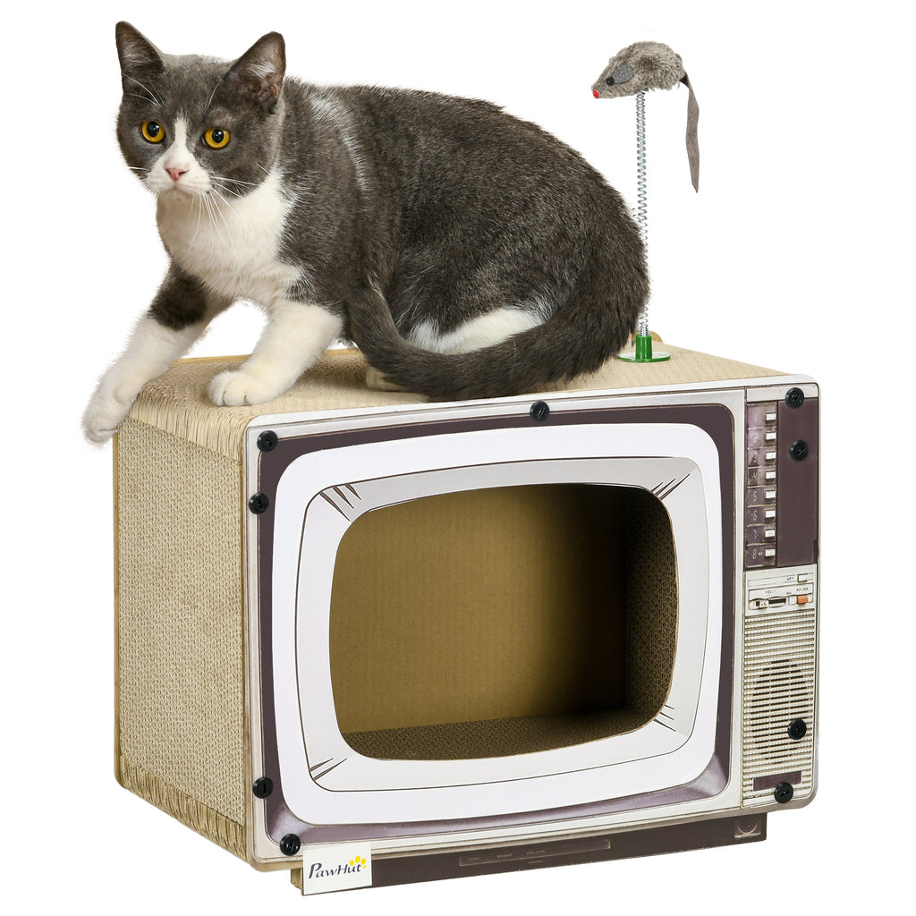 PawHut Arranhador de Cartão para Gatos Casa para Gatos em Forma de Televisor com Rato de Brinquedo Centro de Atividades para Animais de Estimação 43x23x32,5 cm Areia