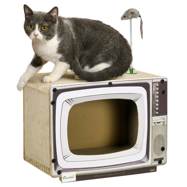 PawHut Arranhador de Cartão para Gatos Casa para Gatos em Forma de Televisor com Rato de Brinquedo Centro de Atividades para Animais de Estimação 43x23x32,5 cm Areia