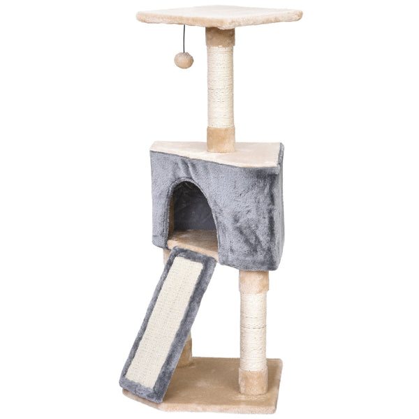 PawHut Arranhador para Gatos 40x40x98 cm com Caverna Brinquedo Suspenso Rampa e Postes de Arranhar em Corda de Sisal Cinza e Bege