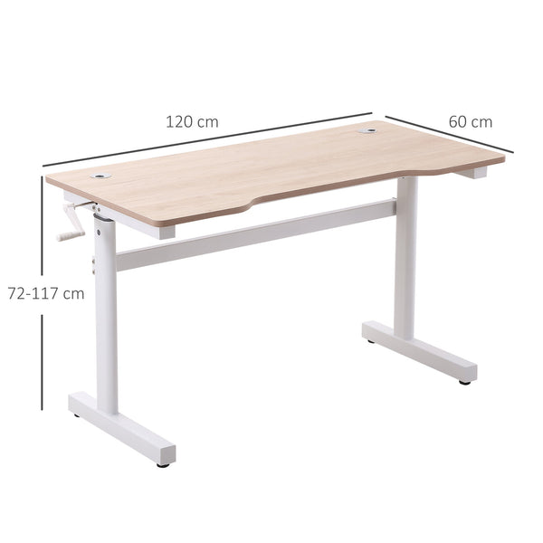 Secretária de Pé com Altura Ajustável a Manivela e Bancada de Carbono Secretária Elevatória para Escritório Estúdio Sala de Estar Carga Máxima 150kg 120x60x72-117cm Madeira e Branco