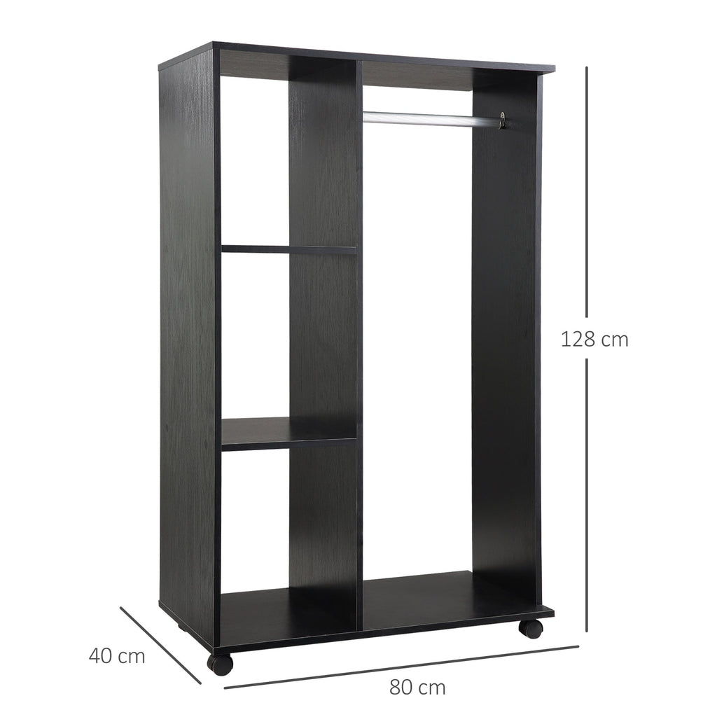 Roupeiro de Madeira Móvel Armário Roupeiro Aberto com Barra para Pendurar e 3 Prateleiras Organizadoras para Dormitório 80x40x128 cm Preto