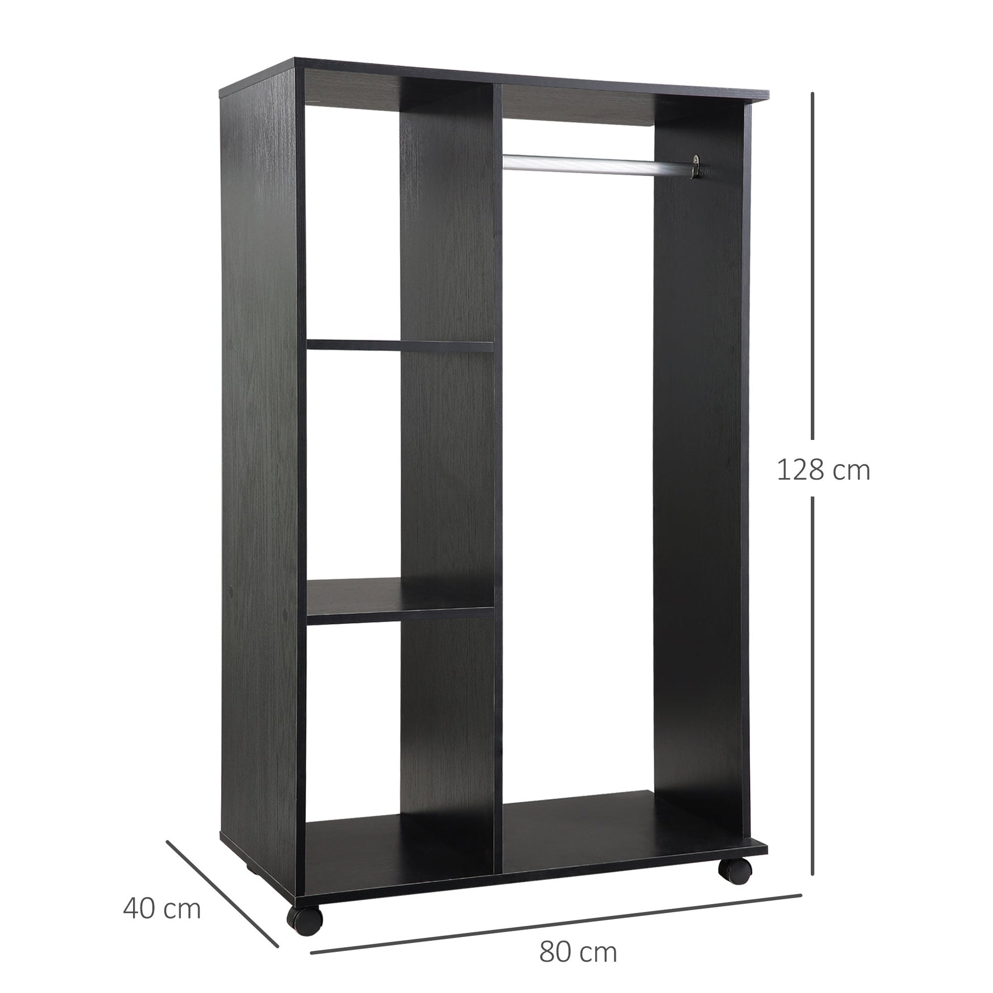 Roupeiro de Madeira Móvel Armário Roupeiro Aberto com Barra para Pendurar e 3 Prateleiras Organizadoras para Dormitório 80x40x128 cm Preto