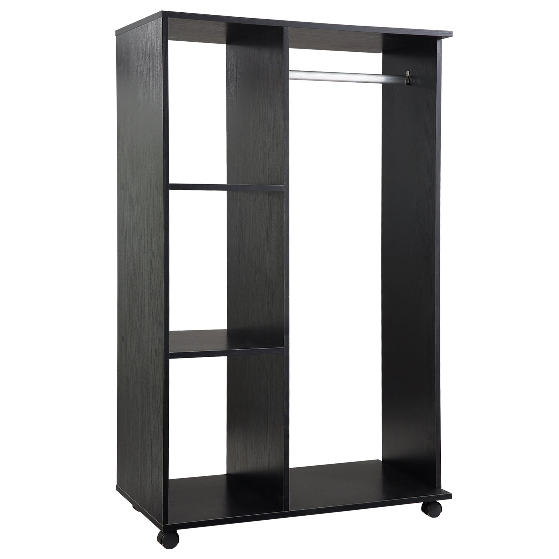 Roupeiro de Madeira Móvel Armário Roupeiro Aberto com Barra para Pendurar e 3 Prateleiras Organizadoras para Dormitório 80x40x128 cm Preto