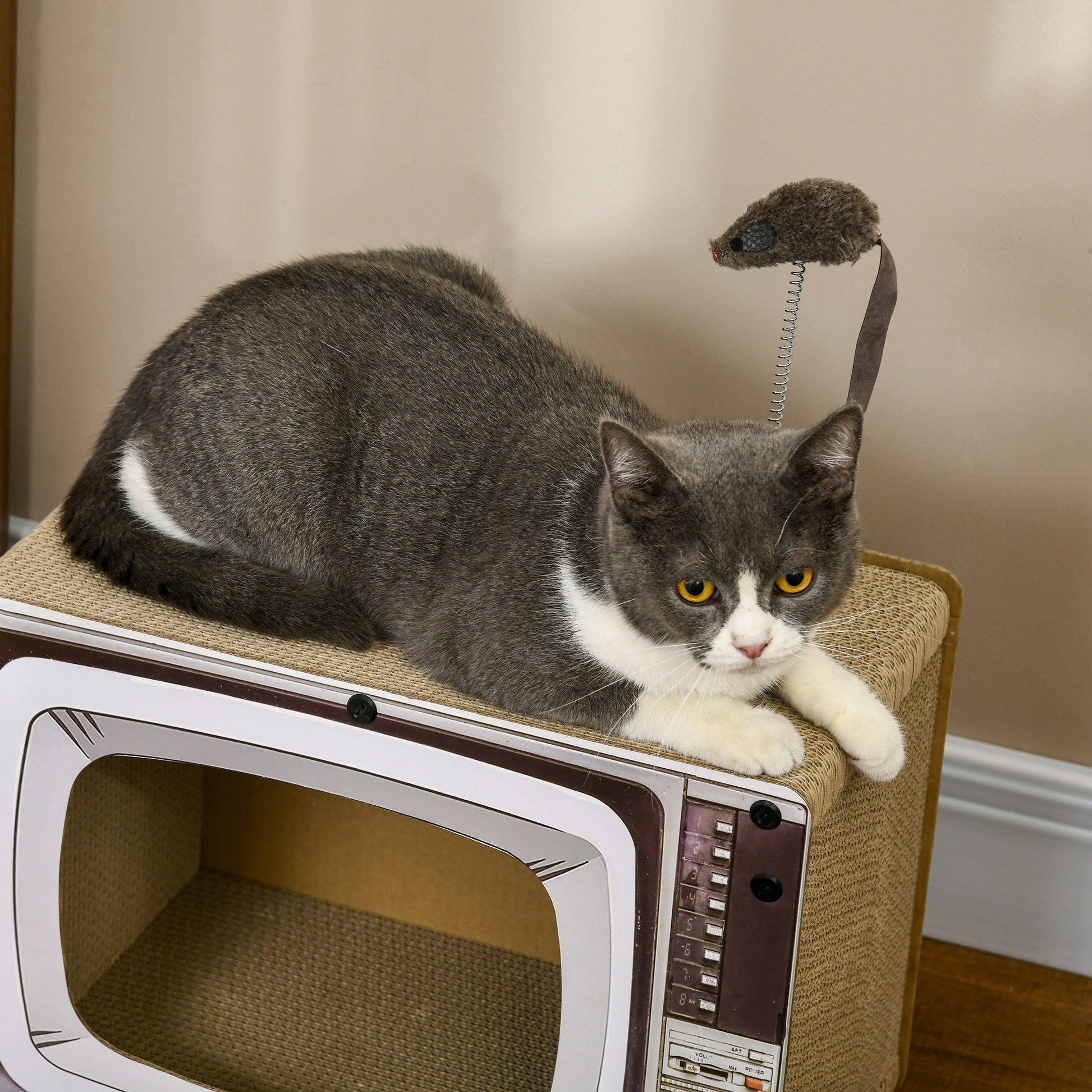 PawHut Arranhador de Cartão para Gatos Casa para Gatos em Forma de Televisor com Rato de Brinquedo Centro de Atividades para Animais de Estimação 43x23x32,5 cm Areia