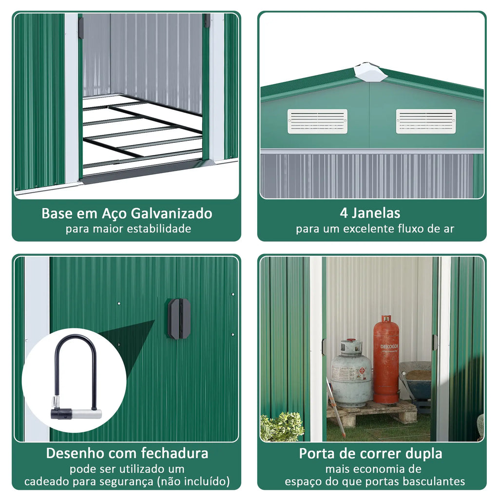 Abrigo de Jardim 258x206x178cm 5,3m² Abrigo de Aço Galvanizado com Portas de Correr e Ventilações para Armazenamento de Ferramentas Jardinagem Verde
