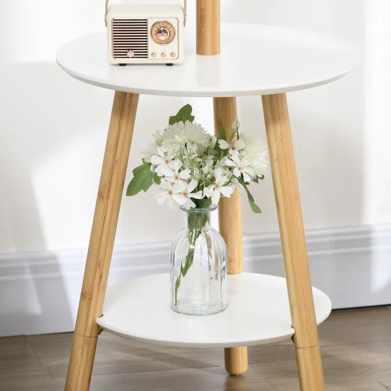 Cabide de Pé de Bambu 2 em 1 Cabide de Pé com 2 Prateleiras 5 Ganchos para Roupas Bolsas e Estrutura de Alumínio para Entrada Dormitório 39x5x39,5x71cm Madeira e Branco