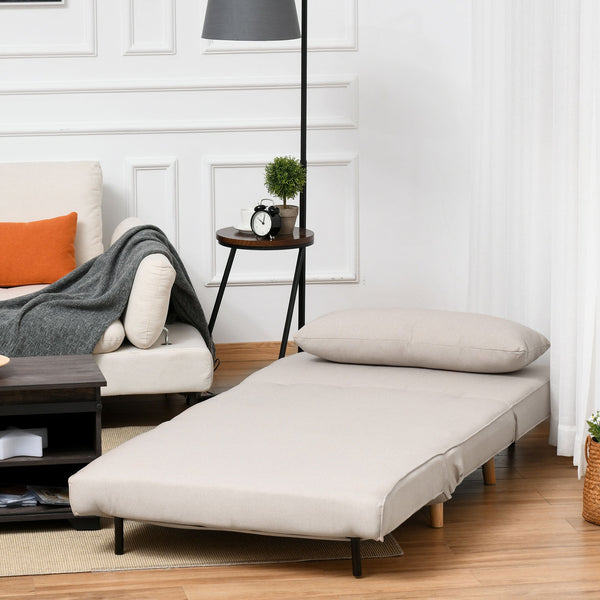 Poltrona 3 em 1 Sofá Cama Individual Dobrável com Encosto Ajustável em 6 Posições e Almofada para Sala de Estar Dormitório Escritório Carga 350 kg 94x78x80 cm Bege Claro