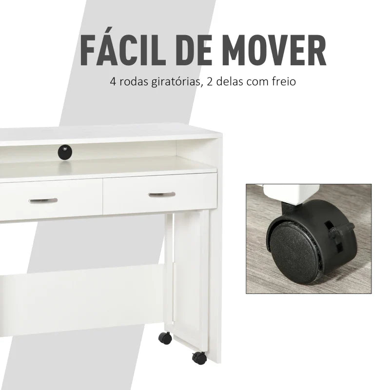 Conjunto de 2 mesas secretária para escritório com rodas 2 gavetas 100x36x88 cm Branco