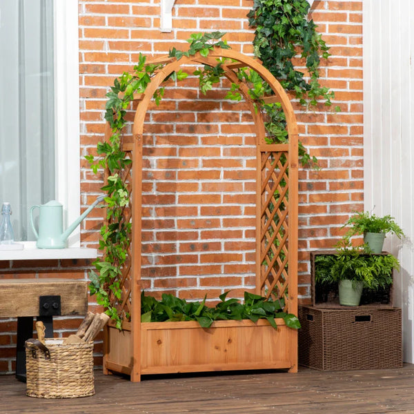 Floreira com Treliça em Forma de Arco Caixa de Plantio com Suporte para Plantas Trepadeiras Flores para Varanda Jardim 83x36x153cm Madeira