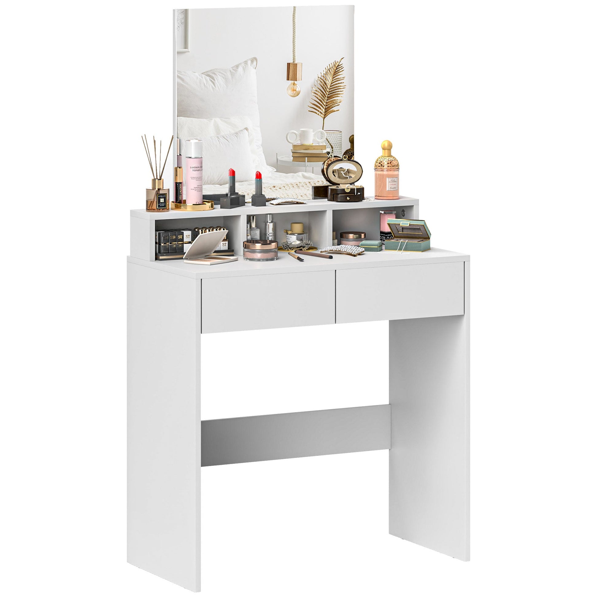 Toucador de Maquilhagem com Espelho Toucador com 2 Gavetas 3 Compartimentos Toucador para Dormitório 75x38x135 cm Branco