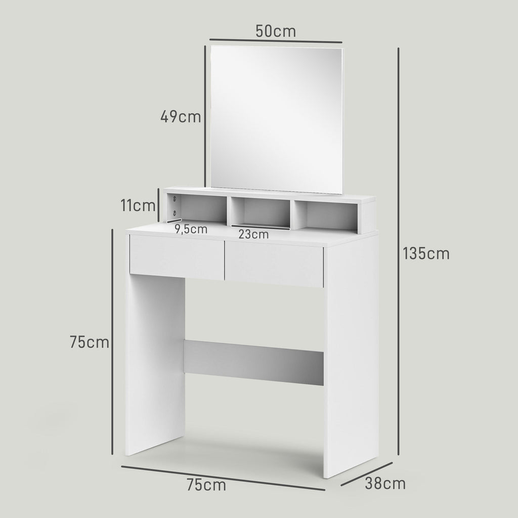 Toucador de Maquilhagem com Espelho Toucador com 2 Gavetas 3 Compartimentos Toucador para Dormitório 75x38x135 cm Branco