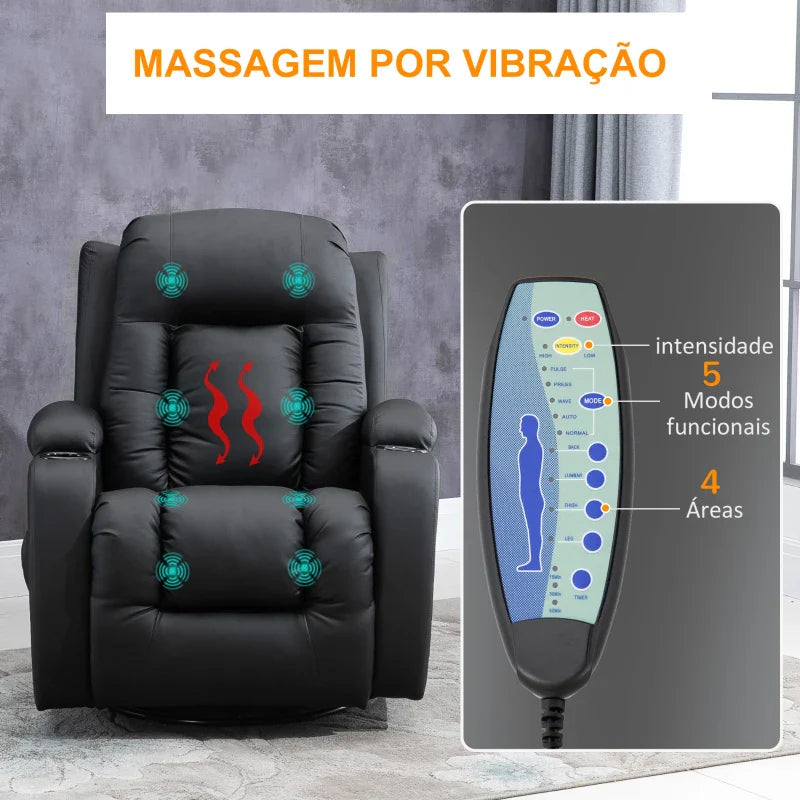 Poltrona de Massagem Reclinável até 150° Poltrona Relax com 8 Pontos de Massagem por Vibração Função de Aquecimento Giratória e Controlo Remoto 85x94x104 cm Preto