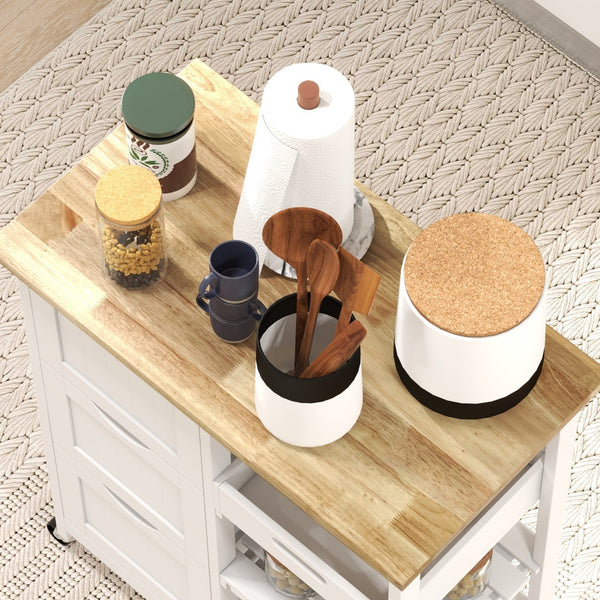 Carrinho de Cozinha com Rodas Carrinho de Serviço Multiuso com 3 Gavetas 2 Prateleiras Abertas e Bandeja para Sala de Jantar Sala de Estar 67x37x85,5cm Branco