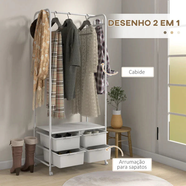 Charriot com Sapateiro Moderno 8 Ganchos e 4 Cestos para Armazenamento Charriot de Entrada com Rodas e Estrutura de Aço para Sala de Estar Dormitório Corredor 63x37x153 cm Branco