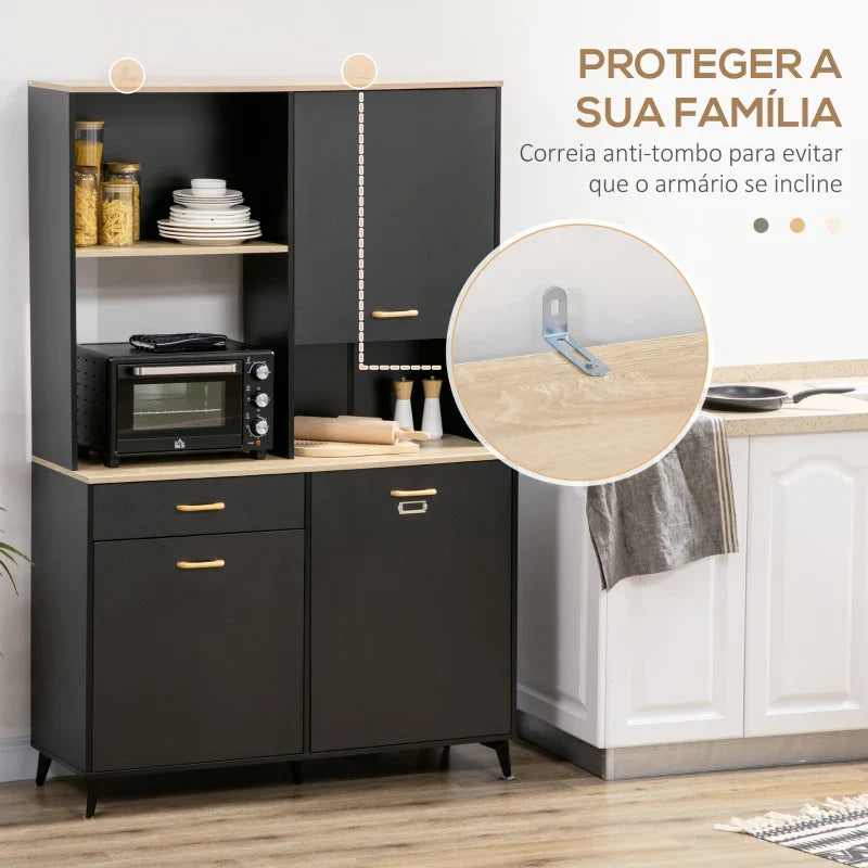 Armário de Cozinha Aparador de Sala de Jantar com 1 Gaveta 3 Portas e Armazenamento Aberto Móvel Auxiliar para Microondas de Estilo Moderno 119x41x180cm Preto