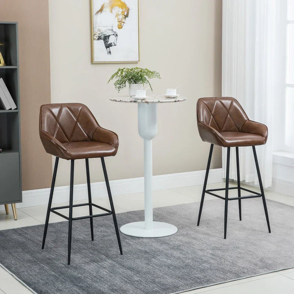 Conjunto de 2 Bancos Altos de Cozinha Bancos de Bar Estofados em PU com Encosto Alto Pés de Aço e Apoio para os Pés para Sala de Jantar Carga 120kg 50x47,5x102,5cm Marrom