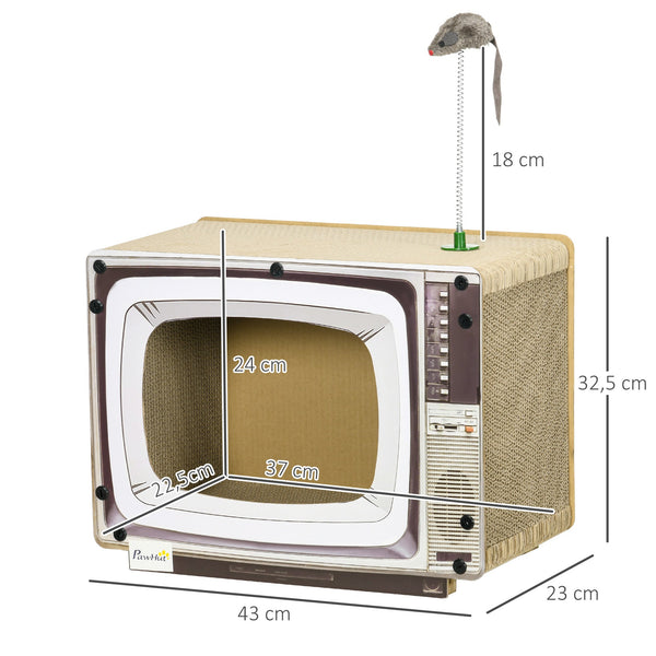PawHut Arranhador de Cartão para Gatos Casa para Gatos em Forma de Televisor com Rato de Brinquedo Centro de Atividades para Animais de Estimação 43x23x32,5 cm Areia