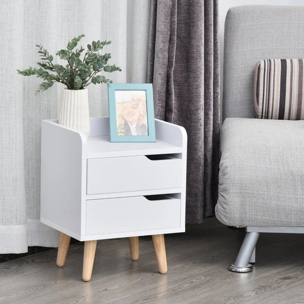 Mesa lateral de cabeceira multiuso para sala de estar ou quarto com 2 gavetas espaçosas Pernas de pinho elevado Design moderno 33x28x42cm Branco