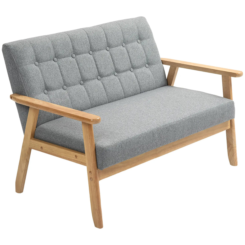 Sofá 2 Lugares Sofá Estofado em Linho com Apoio para os Braços de Madeira Encosto Acolchoado Carga 250 kg Poltrona para Sala de Estar Dormitório 114x75x76 cm Cinza Claro