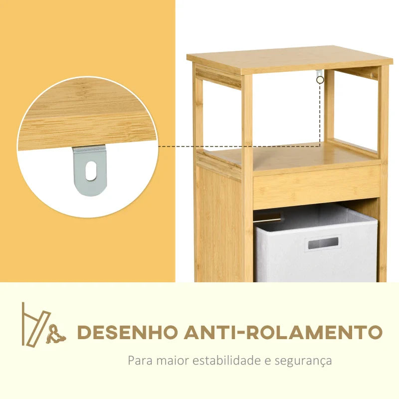 kleanklin Cesto para Roupa de Bambú Armário para Casa de Banho com 2 Prateleiras 1 Cesta de Tecido Removível Móvel de Armazenamento para Sala de Estar Cozinha 40x30x86,5 Natural