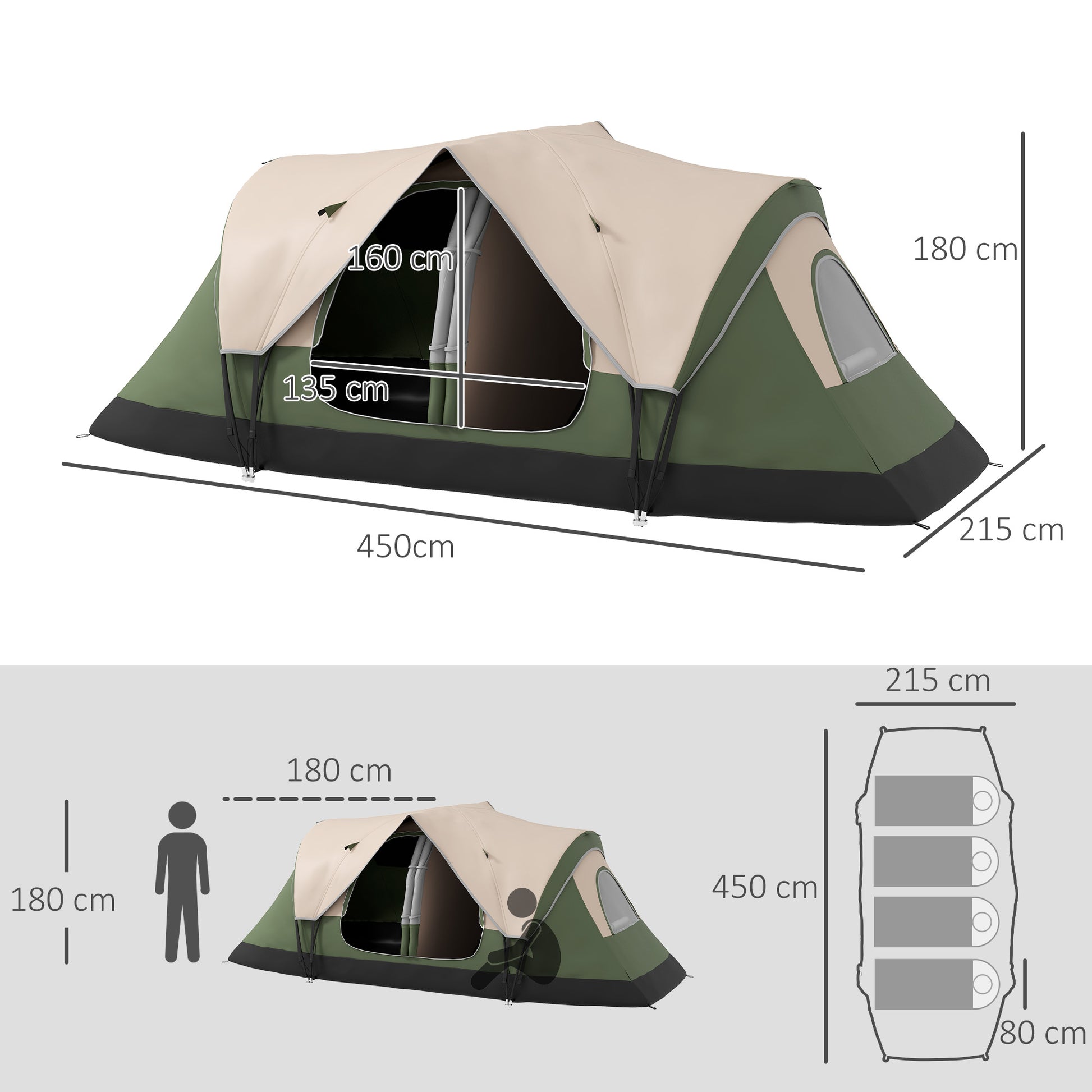 Tenda de Campismo Familiar para 4-5 Pessoas Tenda de Campismo Dobrável com 2 Quartos e Bolsa de Transporte Impermeável para Trekking 450x215x180 cm Verde