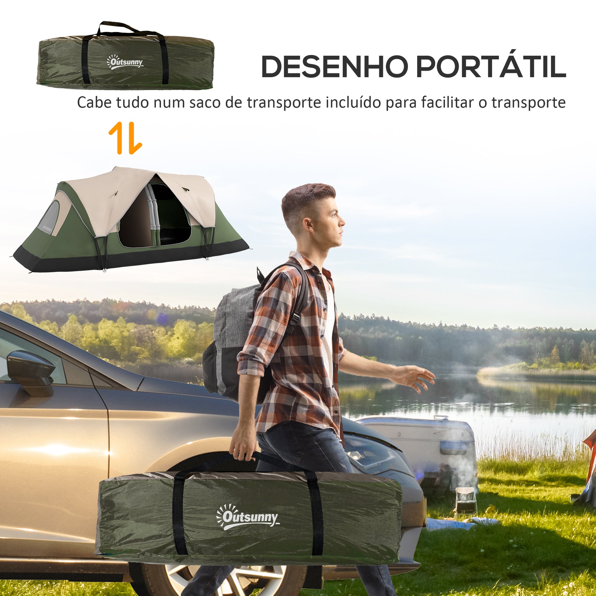 Tenda de Campismo Familiar para 4-5 Pessoas Tenda de Campismo Dobrável com 2 Quartos e Bolsa de Transporte Impermeável para Trekking 450x215x180 cm Verde