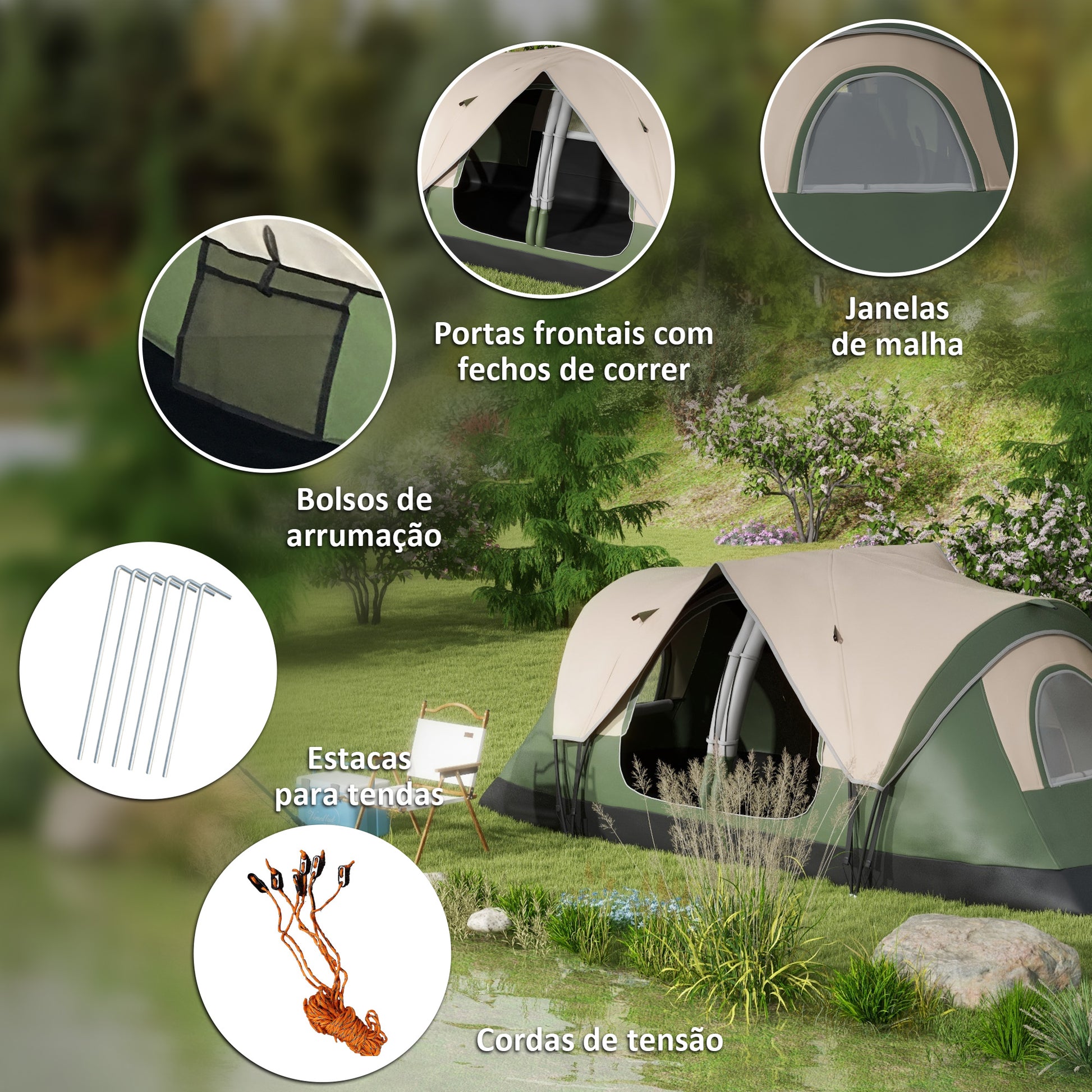 Tenda de Campismo Familiar para 4-5 Pessoas Tenda de Campismo Dobrável com 2 Quartos e Bolsa de Transporte Impermeável para Trekking 450x215x180 cm Verde
