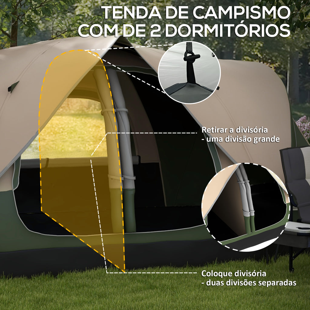 Tenda de Campismo Familiar para 4-5 Pessoas Tenda de Campismo Dobrável com 2 Quartos e Bolsa de Transporte Impermeável para Trekking 450x215x180 cm Verde