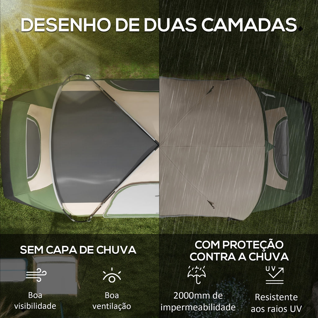 Tenda de Campismo Familiar para 4-5 Pessoas Tenda de Campismo Dobrável com 2 Quartos e Bolsa de Transporte Impermeável para Trekking 450x215x180 cm Verde