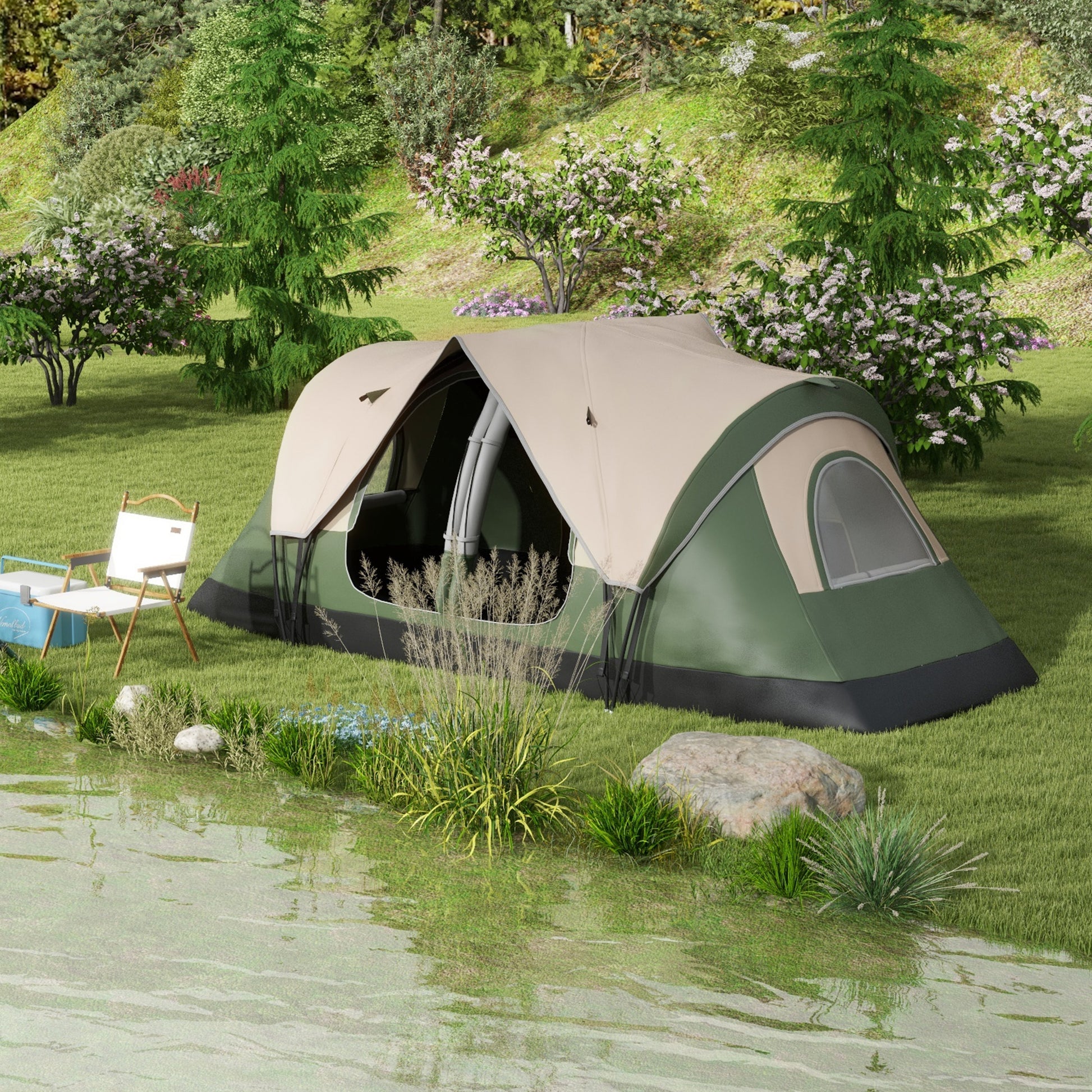 Tenda de Campismo Familiar para 4-5 Pessoas Tenda de Campismo Dobrável com 2 Quartos e Bolsa de Transporte Impermeável para Trekking 450x215x180 cm Verde