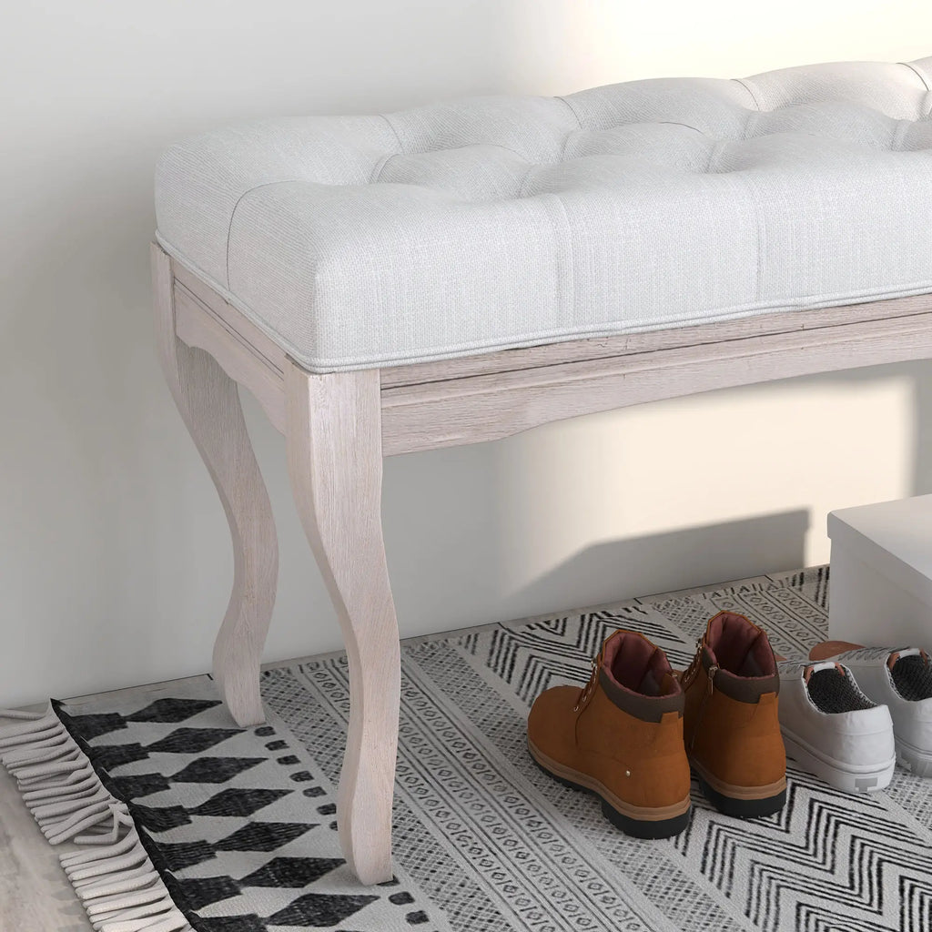 Banco Pé de Cama com Pés de Madeira e Assento Acolchoado Capacidade 120 kg Banco de Estilo Vintage para Dormitório Entrada Corredor 110x37x49 cm Creme
