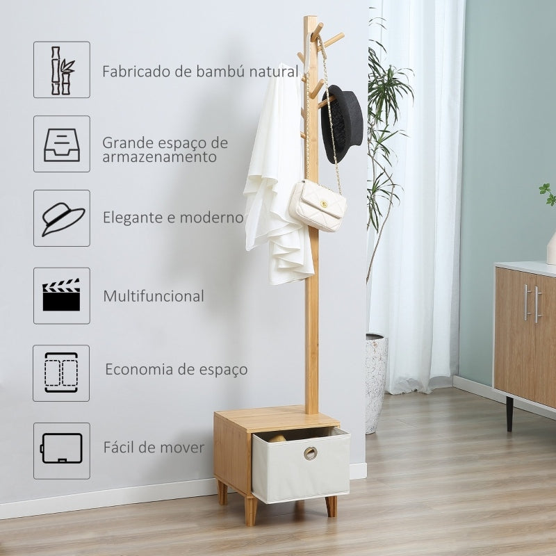 Cabide de Pé de Bambu com Banco Gaveta de Tecido e 8 Ganchos para Pendurar Roupa Bolsas Casacos para Entrada Sala de Estar Corredor 35x35x177cm Natural
