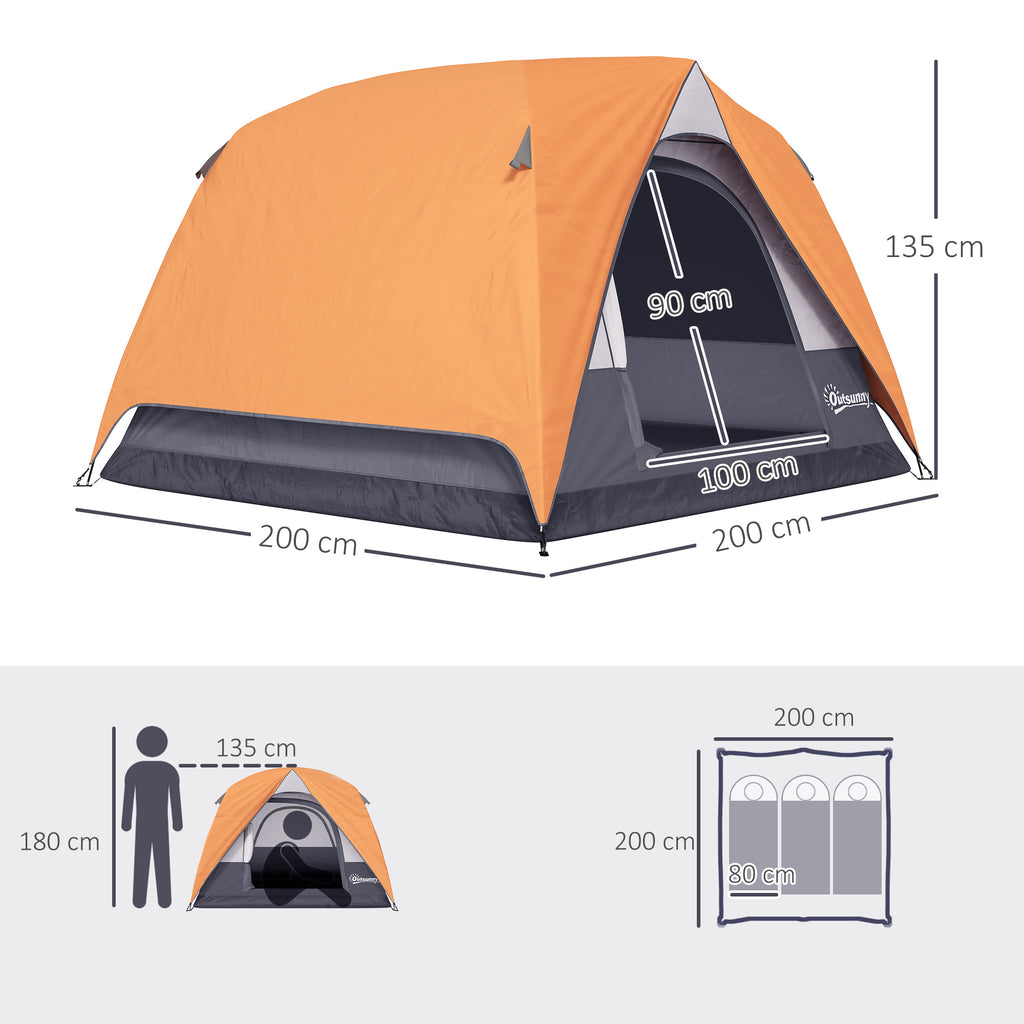 Tenda de Campismo para 2-3 Pessoas Tenda de Campismo Dobrável com Porta Janelas de Malha Bolsa Gancho e Bolsa de Transporte Impermeável Fácil Instalação para Caminhadas 200x200x135 cm Laranja e Cinza