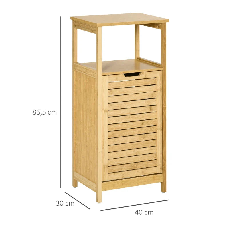 kleanklin Cesto para Roupa de Bambú Armário para Casa de Banho com 2 Prateleiras 1 Cesta de Tecido Removível Móvel de Armazenamento para Sala de Estar Cozinha 40x30x86,5 Natural
