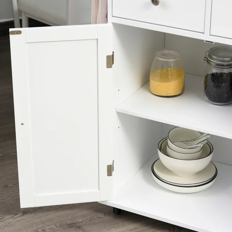Carrinho de Cozinha Auxiliar com Rodas Carrinho de Cozinha com 2 Gavetas Armário de Armazenamento Prateleira Interior Ajustável 3 Suportes para Temperos e Barra de Pendurar 89x45x89,5cm Branco