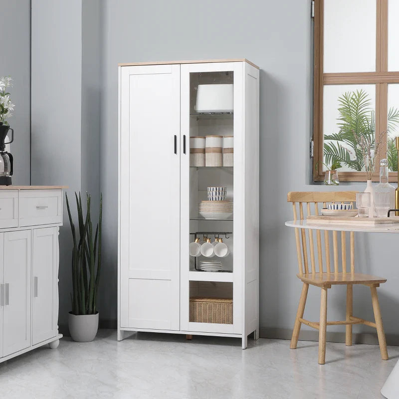 Armário de Cozinha Móvel Auxiliar de Cozinha com Porta de Vidro Prateleiras Ajustáveis e Pés Elevados para Sala de Estar Sala de Jantar 76x36x160 cm Branco