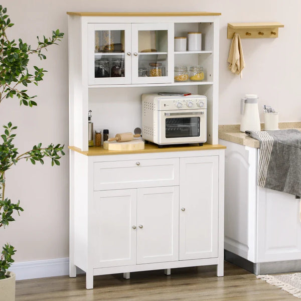 Armário de Cozinha Moderno Móvel Auxiliar de Cozinha com 5 Portas Prateleiras Ajustáveis Gaveta e Bancada para Micro-Ondas 100x40x180 cm Branco e Madeira