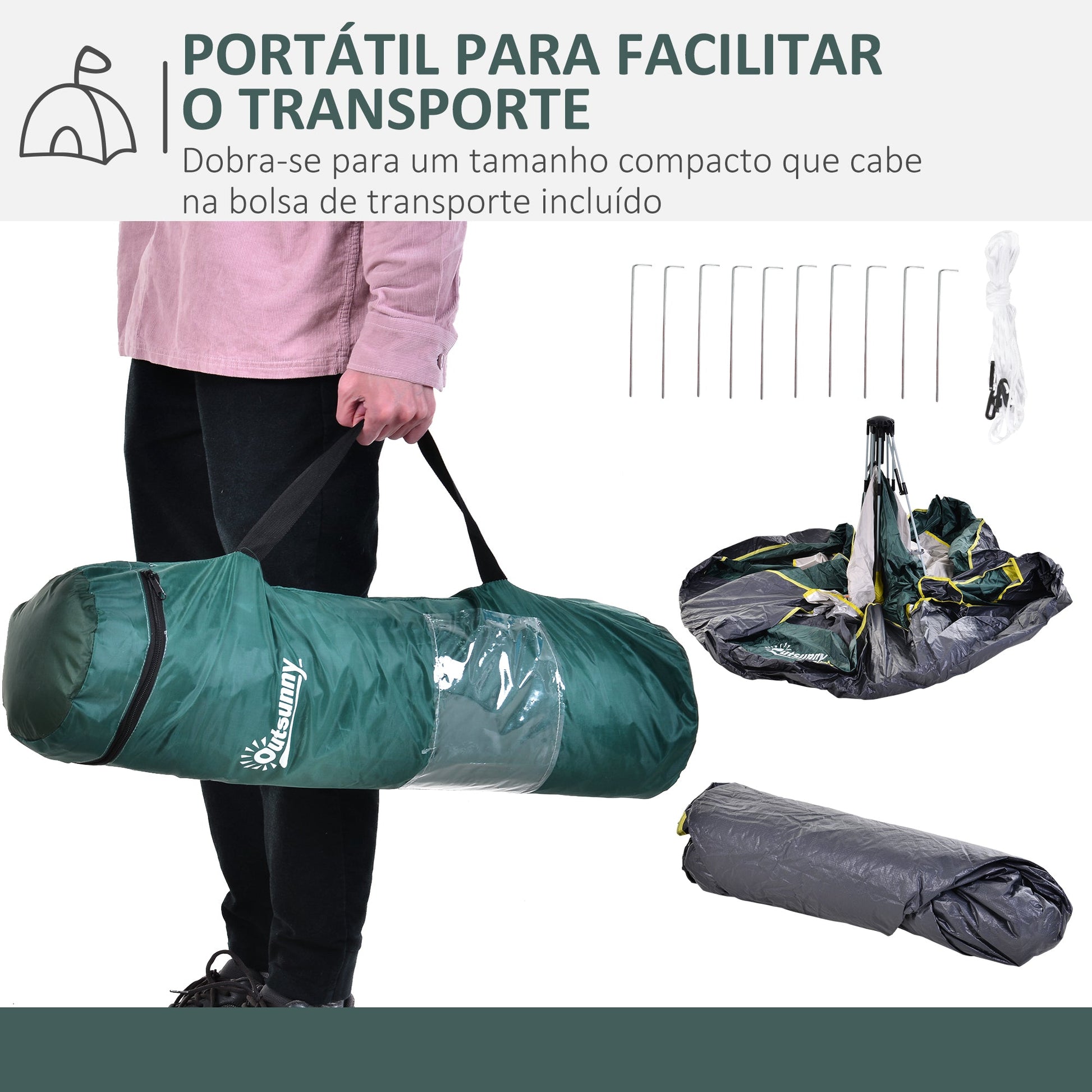Tenda de Campismo para 2-3 Pessoas Tenda de Campismo Dobrável com 1 Porta 3 Janelas Bolsa de Transporte e Abertura Automática para Praia Parque 205x195x135 cm Verde