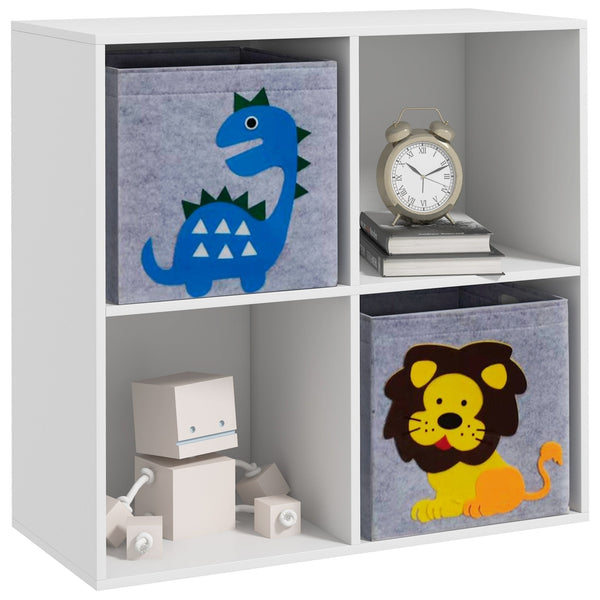 Estante para Brinquedos Estante para Crianças acima de 3 Anos com 4 Compartimentos de Armazenamento e 2 Caixas de Tecido não Tecido com Desenho de Animais 61,8x29,9x61,8 cm Branco e Cinza