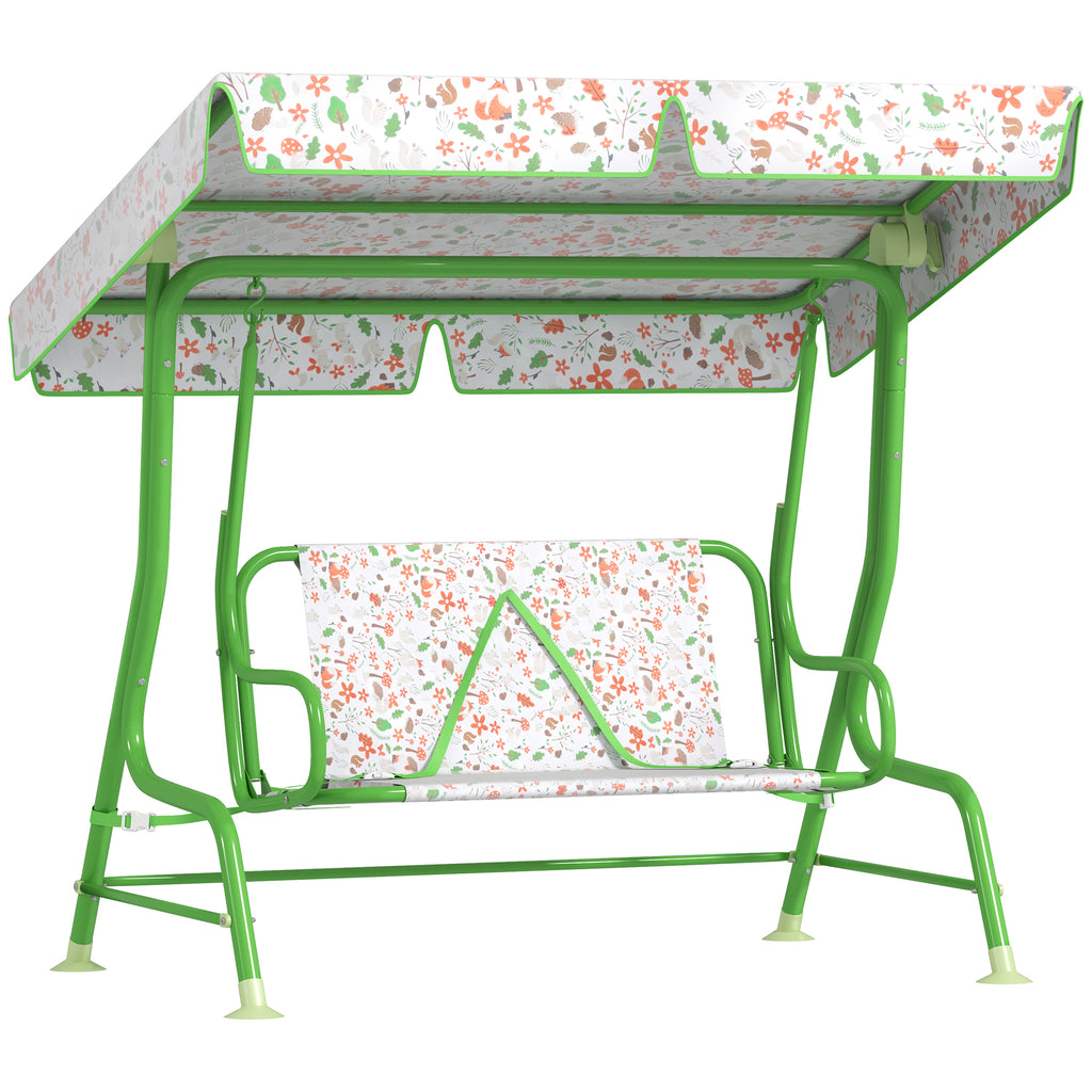 AIYAPLAY Baloiço de Jardim para Crianças acima de 3 Anos Baloiço Infantil de Exterior com 2 Lugares Toldo Ajustável Cinto de Segurança e Desenho de Borboletas 112x75x120 cm Verde