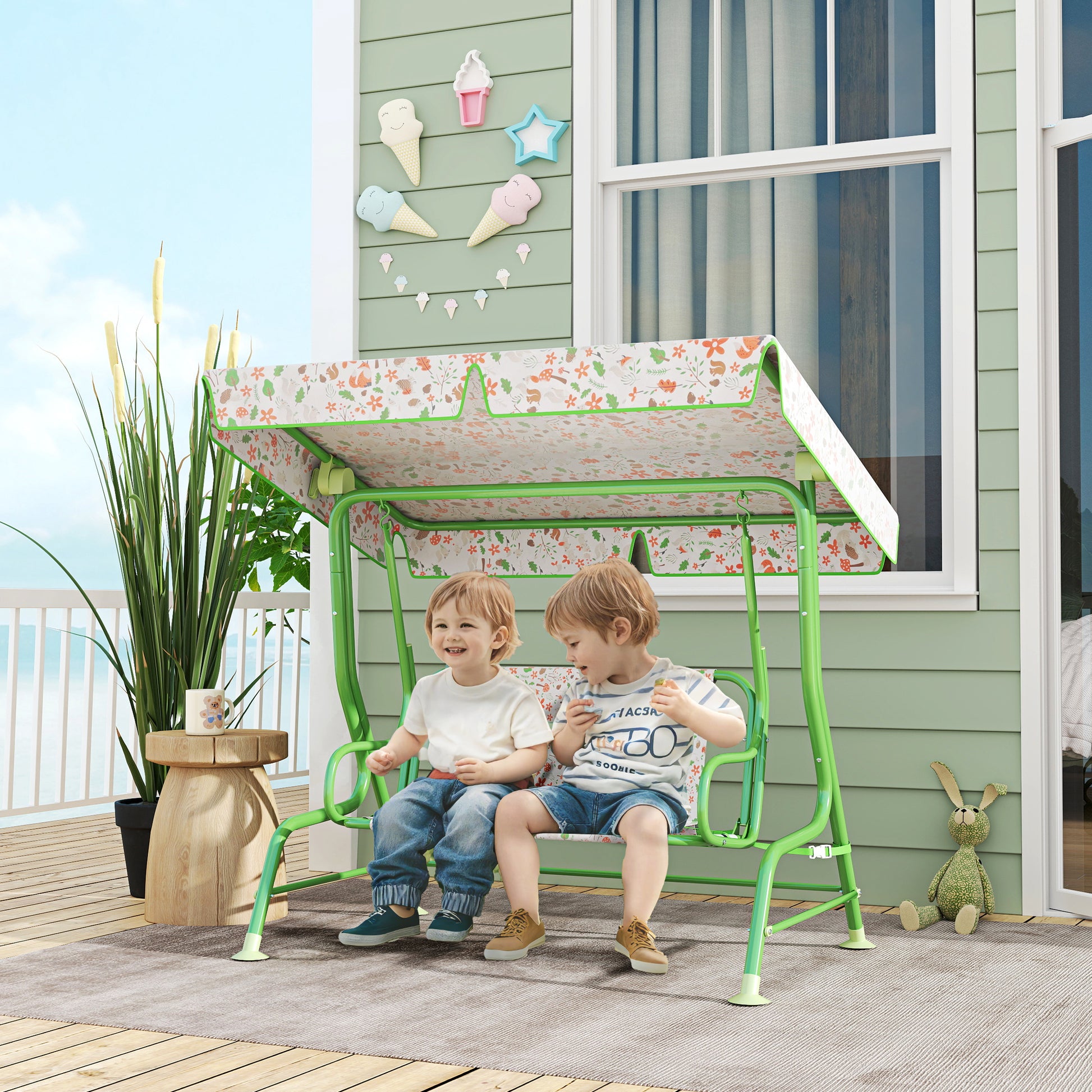 AIYAPLAY Baloiço de Jardim para Crianças acima de 3 Anos Baloiço Infantil de Exterior com 2 Lugares Toldo Ajustável Cinto de Segurança e Desenho de Borboletas 112x75x120 cm Verde